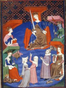 « Le plaidoyer à la cour de Raison» . BL Harley 4431, folio 196v. British Library, Londres. Daté 1410-1414.